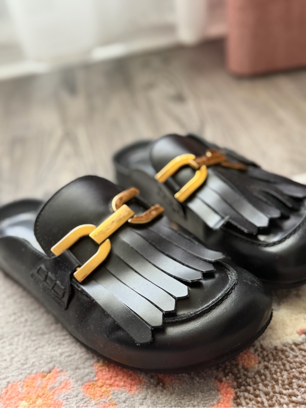 Zara Black Leather Fringed Mules with Gold Chain